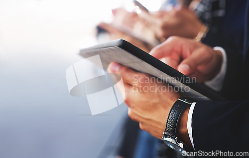 Image of Hands, corporate or business people with tablet for communication, planning or networking strategy in conference. Teamwork, business meeting or hand with technology for innovation, vision or mission