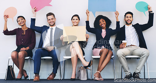 Image of Interview, group and portrait with poster, sign or speech bubble at social media marketing agency. People smile, diversity or board for hiring, recruitment or opportunity at digital marketing company