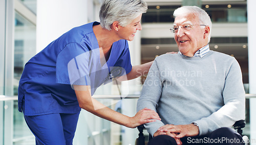 Image of Healthcare, nurse and retirement man in a rehabilitation nursing home for disability health. Wheelchair, clinic patient and caregiver smile with doctor and healthy medic care talking to senior male