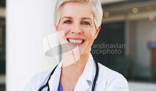 Image of Healthcare, woman or senior doctor in portrait for trust, research leadership and health insurance in a hospital or clinic. Medical, innovation female worker for goal, motivation or happy with career
