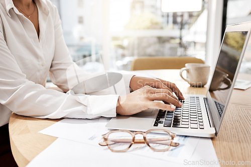 Image of Business woman, hands or laptop typing in modern office for company finance budget, digital marketing investment or paper review. Zoom, creative designer or worker on technology in financial planning