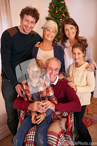 Image of Christmas, happy and big family portrait in home with young children, parents and grandparents. Happiness, love and festive holiday celebration with kids, grandma and grandpa together in house.