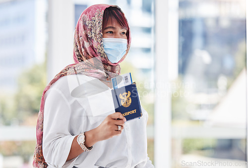 Image of Travel, immigration and refugee woman with passport, mask and hijab at customs with ticket. Covid restrictions, global healthcare in pandemic and muslim woman with documents before flight in Iran.