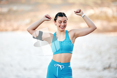 Image of Fitness, happy and woman in nature with music dancing to celebrate training, exercise or workout progress. Smile, sports and healthy excited girl runner streaming radio or dance audio after running