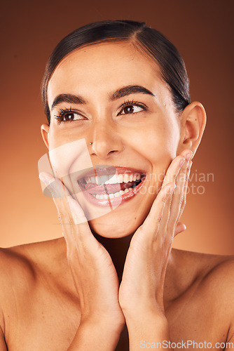 Image of Skincare, beauty and woman, tongue out and face, natural makeup and cosmetics, wellness and self care on studio background. Happy model, smile and clean teeth whitening, aesthetics and healthy skin