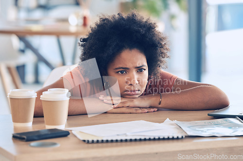 Image of Tired, lazy and frustrated black woman, business stress and burnout at office desk, workplace and fail. Angry, depression and bored employee, mental health and anxiety problem, fatigue and sad worker