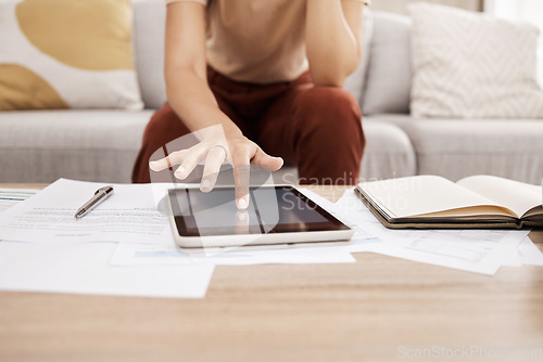 Image of Woman, budget with paper and tablet in home to review financial or online investment contract. Internet planning, advisory consultant or research on startup investor portfolio or sale report in house