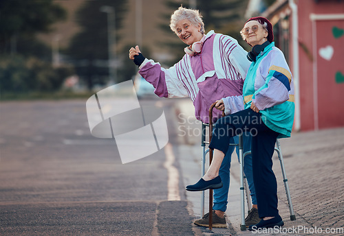 Image of Hand, thumbs up and senior women with disability in a road for travel, fun and waiting for taxi in a city. Elderly, friends and disabled seniors hitchhiking while waiting for cab ride in a street