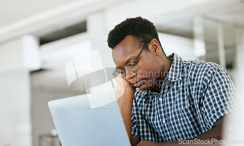 Image of Burnout, depression and black man at work laptop with deadline, email and report at engineer workplace. Fatigue, tired and thinking engineering employee unhappy working at office with problem.