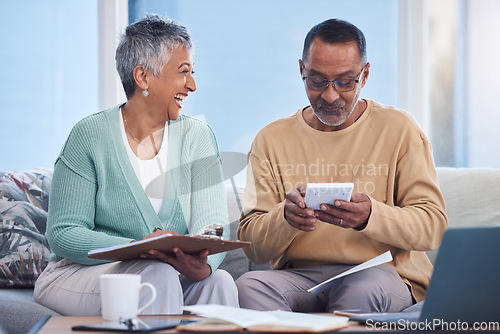 Image of Budget, planning and senior couple on sofa paying debt, mortgage or bills together at home. Happy elderly man and woman with laptop, calculator and checklist to plan retirement, pension and savings.