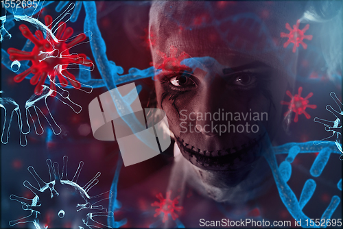 Image of Horrible portrait of a sick woman on coronavirus background