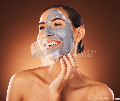 Image of Beauty, face mask and facial with skincare and woman, happy in cosmetic advertising against studio background. Skin, glow and natural cosmetics, charcoal mask with clean and hygiene with hydration.