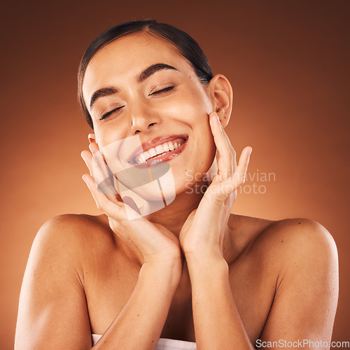 Image of Beauty, face and skincare with smile on woman for natural cosmetics and glow against studio background. Facial, treatment and make up with skin care mock up for healthy skin wellness and cosmetic.