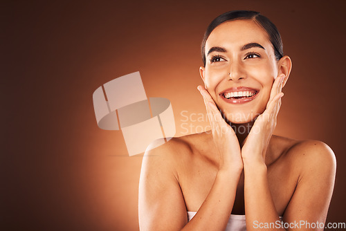 Image of Skincare, beauty and woman with smile on face, luxury care for smooth clean and fresh skin in mockup or product placement. Happiness, health and wellness, portrait of beautiful model girl from Brazil