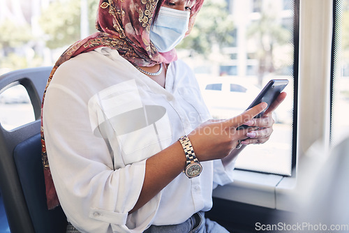 Image of Covid, transport and smartphone of woman on social media chat, search for news information and reading bus compliance rules. Traffic, travel and muslim girl in face mask using phone for online update