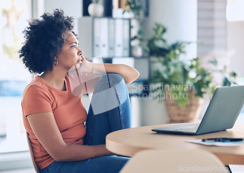 Image of Stress, remote work and black woman with laptop, office and frustrated for planning, deadline or upset. Business owner, female entrepreneur or lady with idea, computer or thinking for startup company