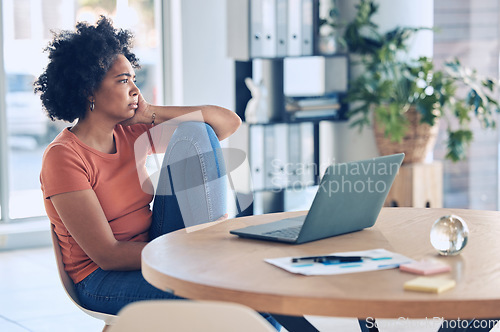 Image of Tired, burnout and black woman doing work with stress about laptop glitch in a office. Bored, anxiety and thinking of a online trading business employee working on a web and internet project