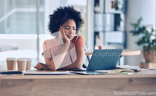 Image of Stress, laptop and black woman frustrated, burnout and tired or bored, search internet and upset. Young female, girl and computer glitch with anxiety, problems and overworked with deadlines.