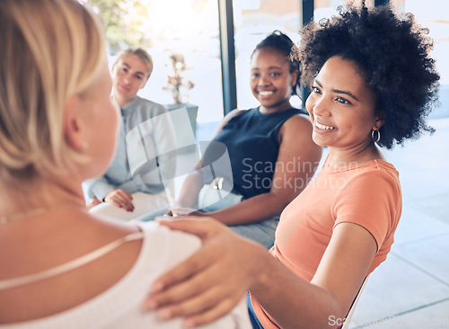 Image of Empathy, support and team of women talk with friends, colleagues and group collaboration at a team building event. Office community, brainstorming strategy and idea development in workplace together