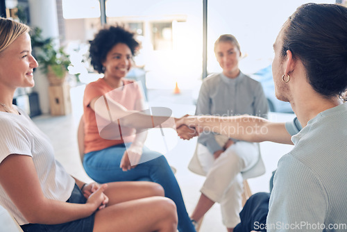 Image of Welcome, handshake and people in counseling for mental health, coping and stress management with support. Psychology, community and shaking hands by man and woman in group therapy with medical expert