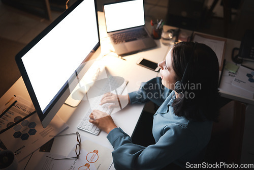 Image of Blank screen, computer and desk writing with mockup of a laptop monitor and woman coding. Working, planning and work web research of a business employee writing a job email or IT code mock up