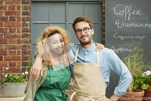 Image of Small business, collaboration and portrait of employee in cafe for management, startup and teamwork. Restaurant, hipster and support with waiter in coffee shop store for retail, vision and goal