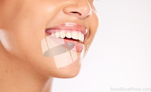 Image of Teeth, dental and care for mouth with woman and smile, healthy gums and fresh breath with teeth whitening, lips against studio background. Beauty, face and skincare, dental care with wellness mock up