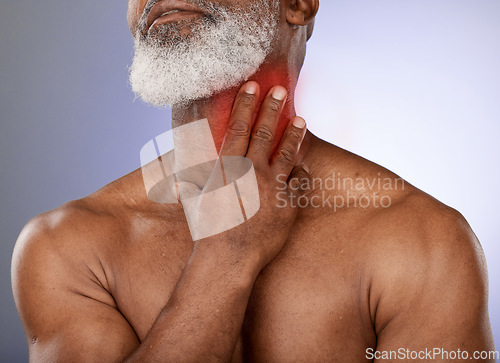 Image of Black man, mature and sore neck pain on studio background with abstract red glow and 3d special effects. Zoom, middle aged model and hands on injury, body stress crisis and muscle burnout on mock up