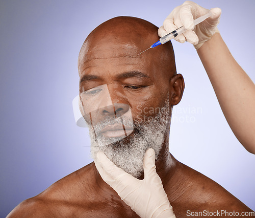 Image of Face, senior black man and injection in studio isolated on a purple background. Retirement, plastic surgery or elderly male model with cosmetics, prp or filler for skincare, beauty and wellness