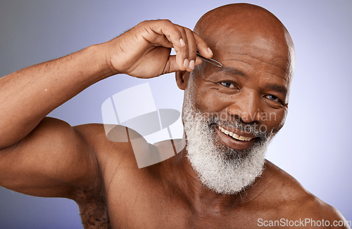 Image of Tweezer, man and beauty portrait of senior male remove eyebrow hair on a grey studio background. Face, african American male and haircare with tweeze epilation or hair removal on a studio backdrop