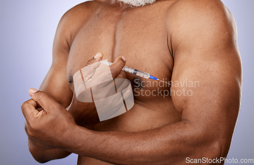 Image of Fitness, steroids and black man with arm injection for biceps growth or muscle development in studio. Sports, supplements and elderly bodybuilder hand holding testosterone hormone chemicals or drugs