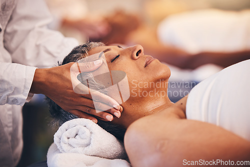 Image of Face massage, relax and senior woman, spa wellness and sleeping during cosmetic therapy. Luxury hands, calm and masseuse with an elderly person at a hotel salon for care of body and sleep health