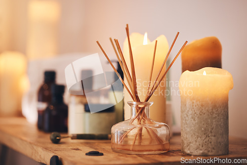 Image of Spa, aromatherapy and candle for luxury, health and wellness for beauty, cosmetics and physical therapy background. Relax, zen and luxury salon for self care, calm and peace from candlelight