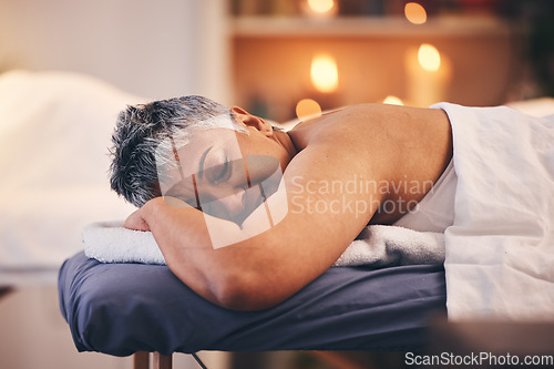 Image of Spa sleeping, relax and senior woman on holiday, luxury massage and body therapy at a hotel. Sleep wellness, retirement cosmetics and elderly person with care for skin, peace and calm on vacation