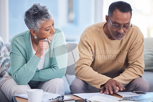 Image of Finance, insurance and senior couple with documents, planning tax and home budget with a laptop. Ecommerce, strategy and elderly man and woman banking during retirement online with pension savings