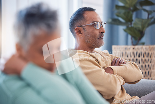 Image of Marriage problem, divorce and couple angry after fight, senior man with anger and woman sad with relationship crisis. Frustrated with difficult communication, partnership breakdown and stress at home