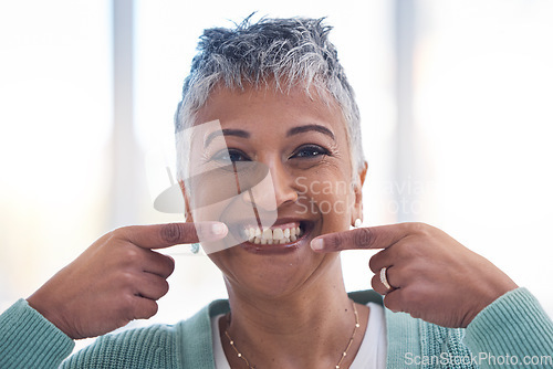 Image of Senior woman, smile and hands for teeth wellness or happy for healthy cleaning care. Elderly person, happiness portrait and dental healthcare or cosmetic facial care, tooth whitening and oral hygiene