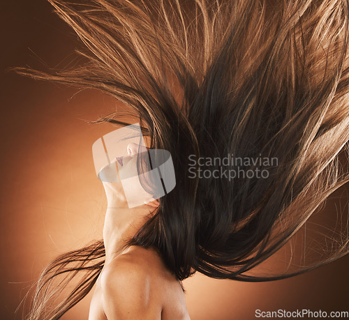 Image of Beauty, hair and freedom with a model woman in studio on a brown background for strong haircare. Wellness, luxury and salon with an attractive young female hair flick to promote a keratin product