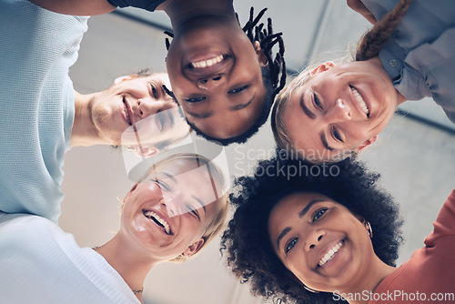 Image of Friends, selfie and low angle portrait of worker, corporate and diversity group with a smile. Happy circle, solidarity and work community of company employee face ready for working and teamwork