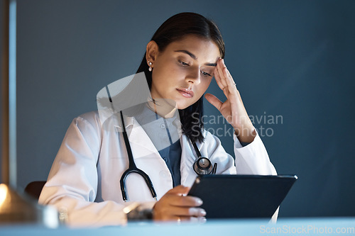 Image of Headache, doctor and work tablet stress of a healthcare, hospital and nurse worker looking at data. Burnout, tired and anxiety of a woman employee thinking and working on online surgery planning