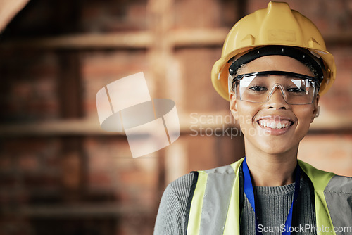 Image of Engineering, portrait and woman construction worker on site working on a renovation project. Face, smile and happy industrial manager or contractor doing maintenance or remodeling on a building.