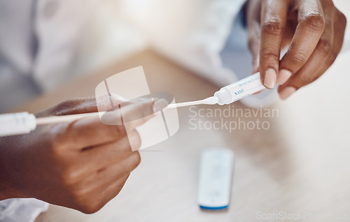 Image of Healthcare, compliance and covid test by woman using rapid results testing kit at home. Closeup of hands holding a swab, corona and virus risk by female taking care and safety steps alone in house