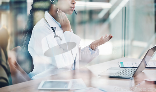 Image of Doctor, laptop and video call for medical telehealth, consulting support or internet healthcare to lockdown people. Black woman, worker and medicine employee in pulse help on communication tech