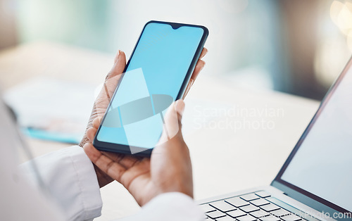 Image of Telehealth doctor, green screen mockup and phone for virtual internet consulting, healthcare clinic advice and medical help service. Hospital worker hands, online test mobile results and app planning