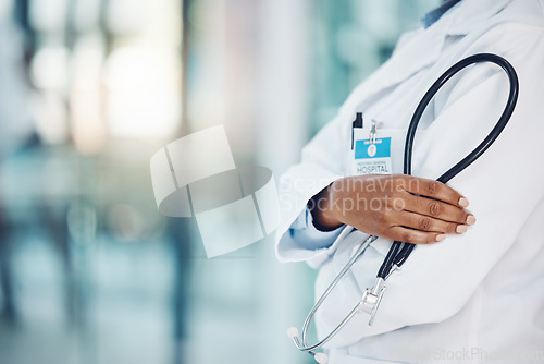 Image of Black doctor hands, stethoscope and healthcare in hospital for medical leadership, wellness and clinic service. Closeup of cardiology expert, heart surgeon and professional african woman in medicine