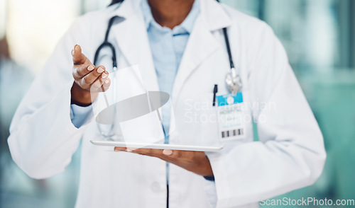 Image of Medical, woman and health doctor with tablet, consulting and doing online research in a hospital. Healthcare, female and surgeon using technology as modern healthy resource and discussing results.