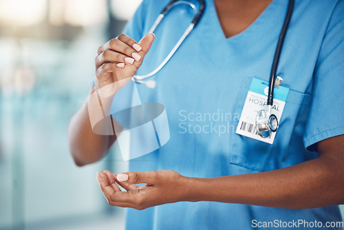 Image of Hands, healthcare and medicine with a woman nurse in scrubs working in a hospital for health and safety. Trust, care and medical with a female at work in a clinic for wellness, help and insurance