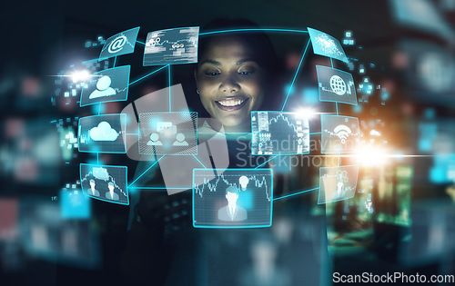 Image of Technology, ai and business woman networking or trading at night using virtual UX interface at work. Female using big data hologram with futuristic 5g network and social connections in dark office