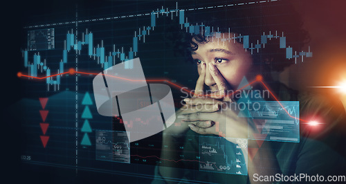 Image of Stock market, cloud computing or woman with stress doing analysis on futuristic graphic hologram. Stress, mistake or financial stocks glitch on future trading overlay system with 5g network in office
