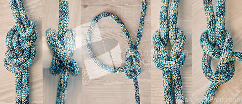 Image of Collage, rope and knot with different knots on a wooden background from above. Tied, tying and secure with ropes in studio for hiking, boating or keeping things safe and secure in studio
